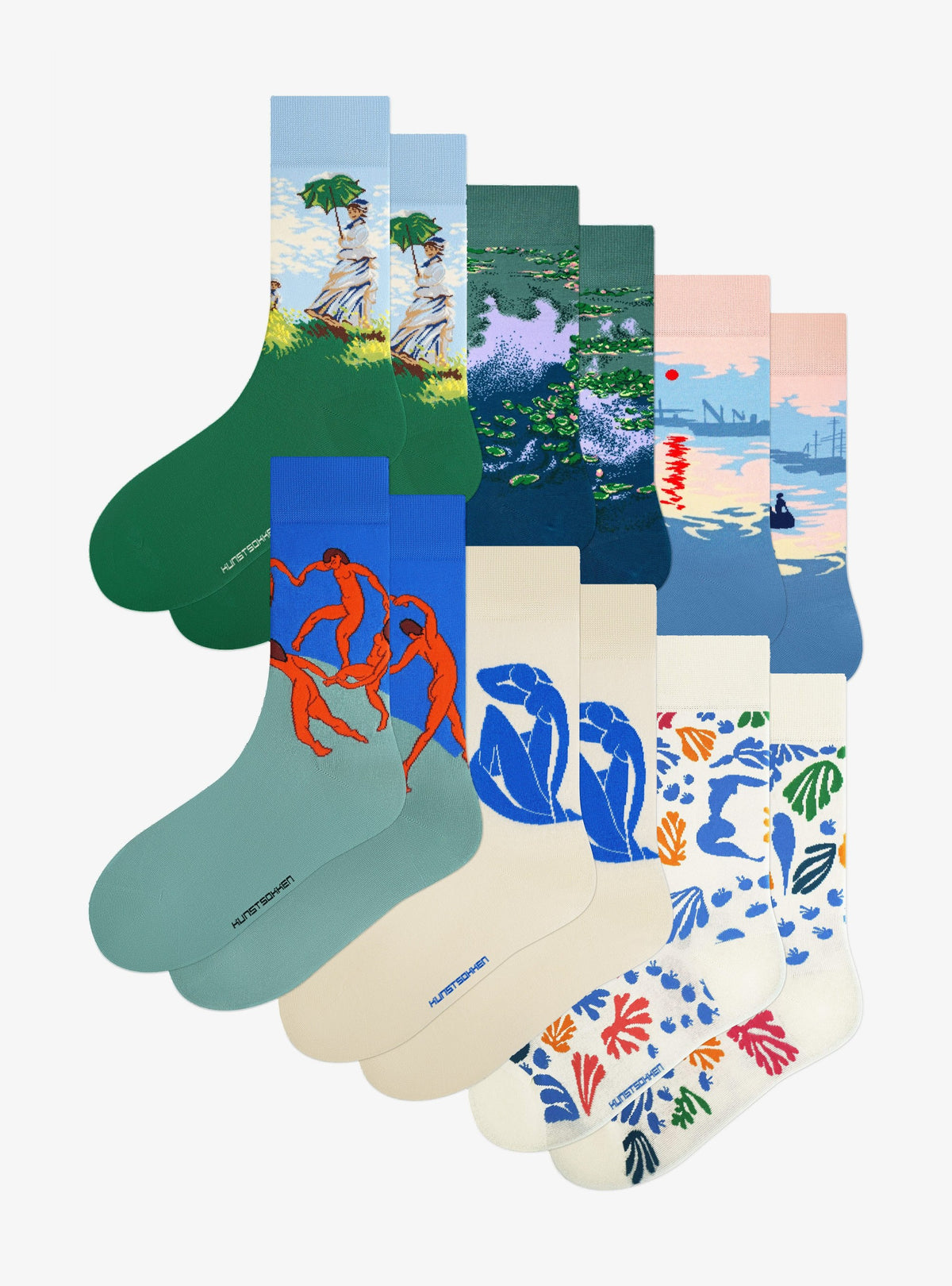 French Masters 6-Pack by Kunstsokken: Woman with a Parasol, Water Lilies, Impression, Sunrise, The Dance, Blue Nude and The Parakeet and the Mermaid socks