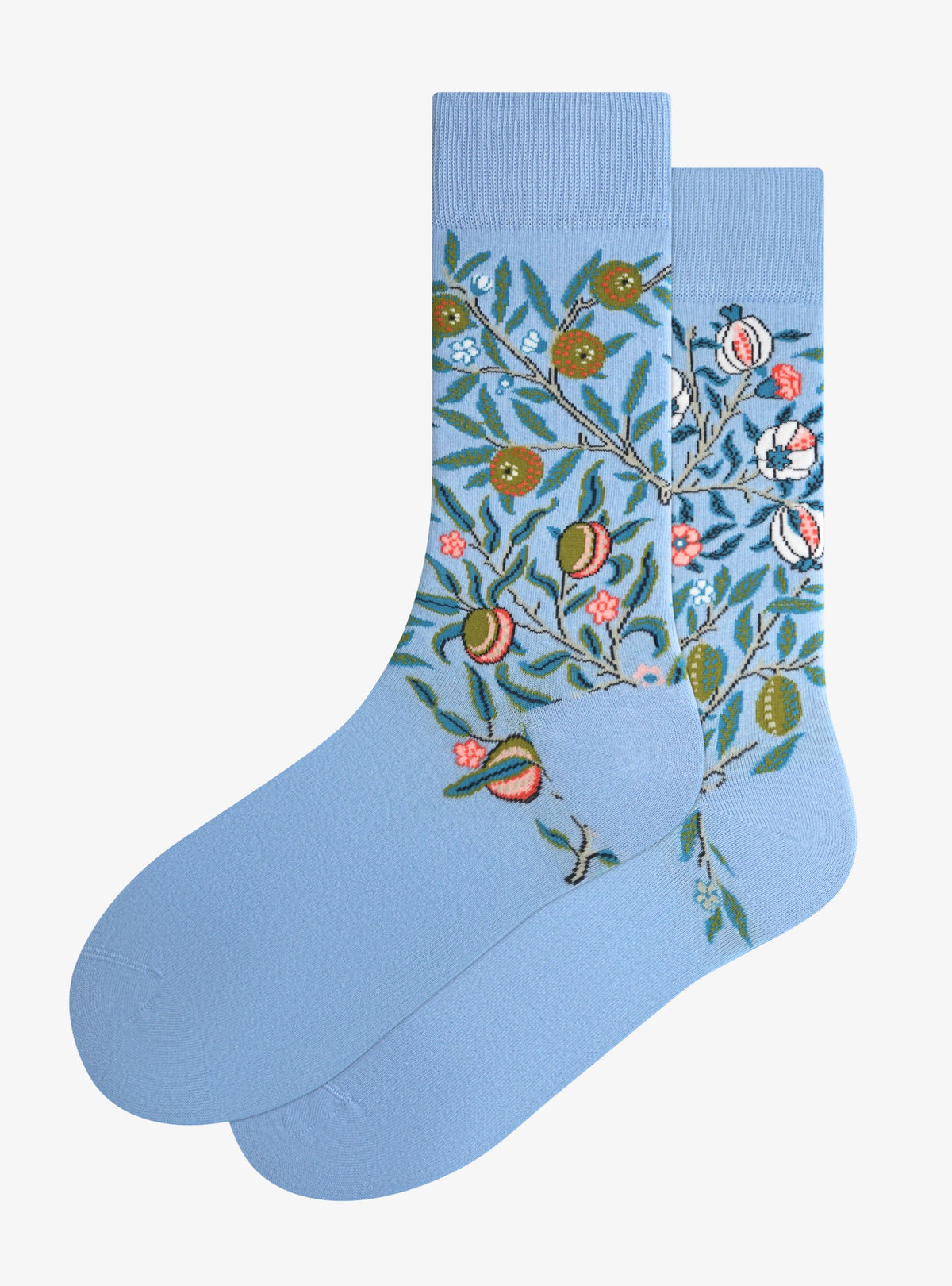 Pomegranate Socken von Kunstsokken nach William Morris, Hellblau mit Granatäpfeln und Zitronen