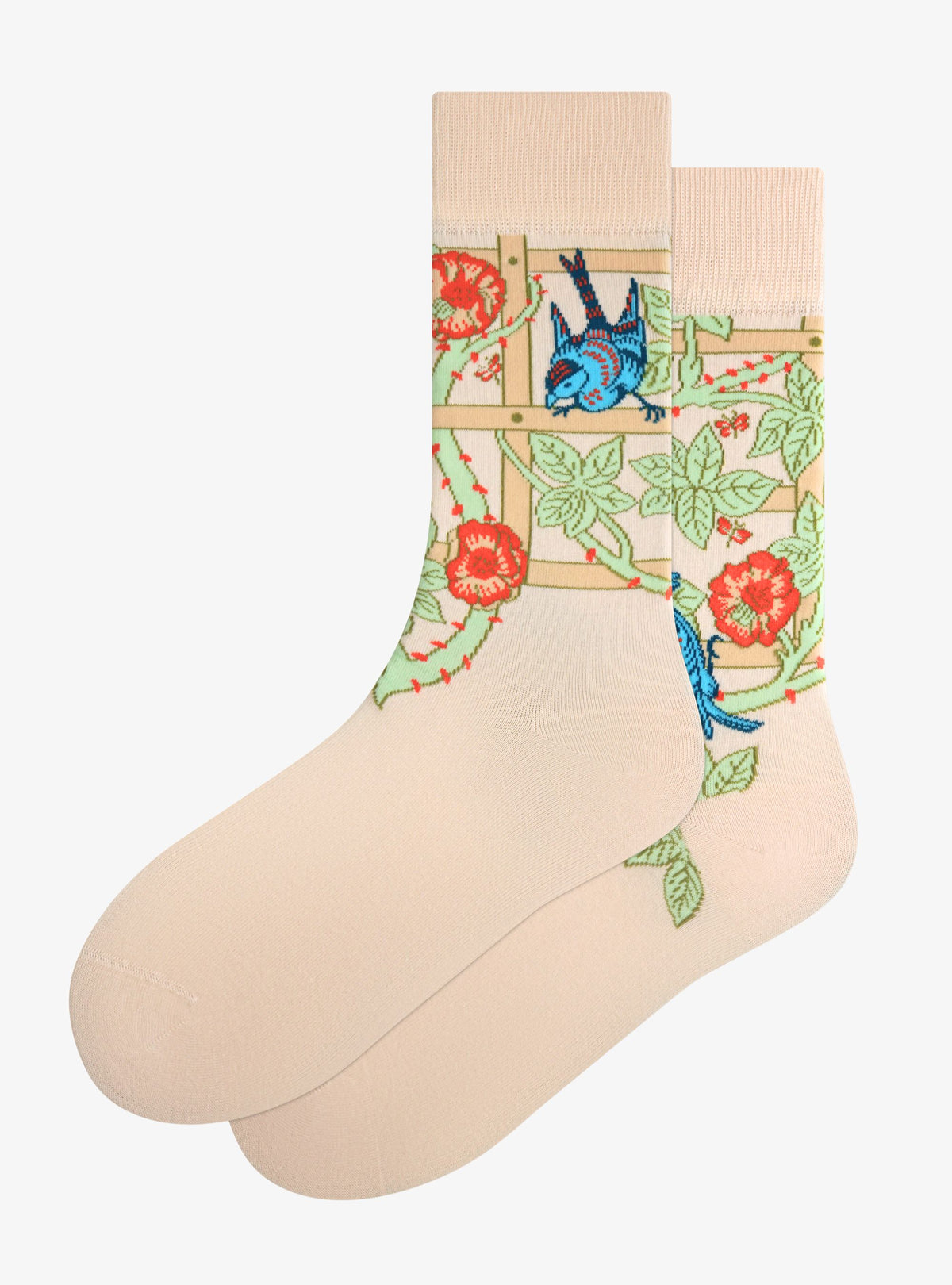Trellis Socken von Kunstsokken nach William Morris, Creme mit Rosen, Spalier und blauen Vögeln