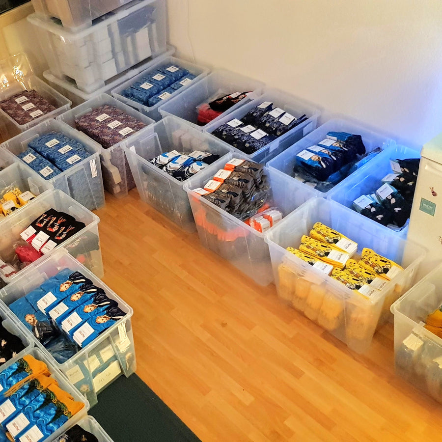 Boxes full of socks in Tako's living room, December 2020