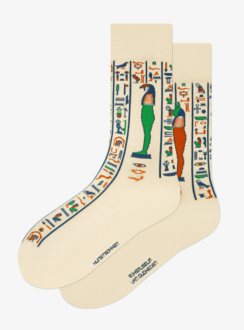 Zonen van Horus sokken van Kunstsokken en het Rijksmuseum van Oudheden, crème met hiërogliefen en twee Egyptische goden