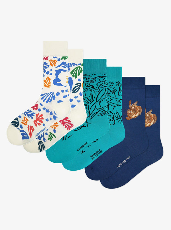 Tiere in der Kunst 3er-Pack von Kunstsokken: Der Papagei und die Meerjungfrau, Stehende Nilpferdfigur und Feldhase Socken nebeneinander