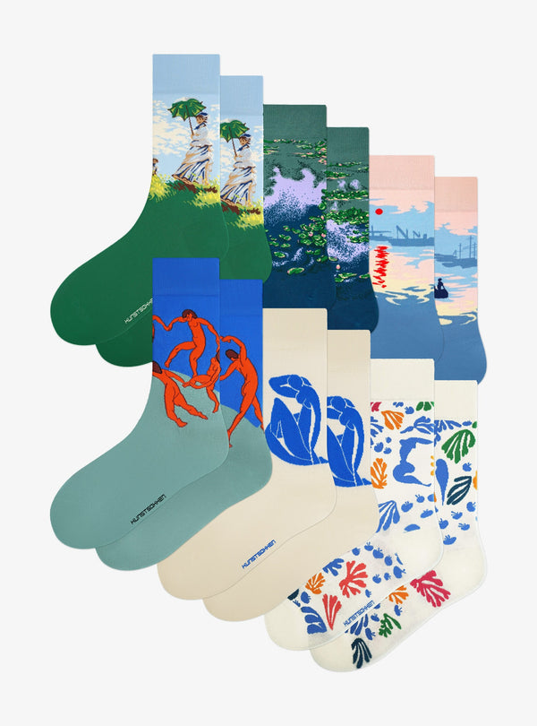 French Masters 6-Pack by Kunstsokken: Woman with a Parasol, Water Lilies, Impression, Sunrise, The Dance, Blue Nude and The Parakeet and the Mermaid socks