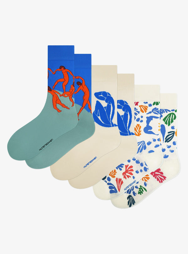 Henri Matisse 3-Pack by Kunstsokken: The Dance, Blue Nude and The Parakeet and the Mermaid socks side by side